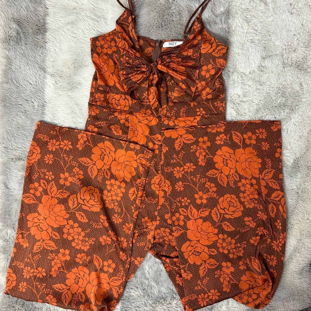 Suzy Shier Orange and Brown Elegant Floral Romper | One-piece Silk Jumpsuit - Picture 3 of 9